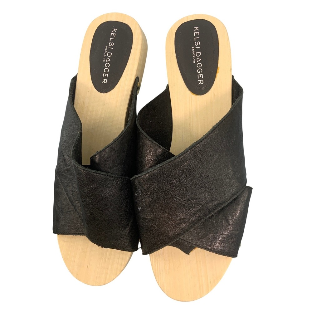Kelsi Dagger Brooklyn Black‎ Leather Wooden Clog Slides Studded Platform Sandals